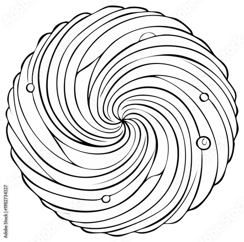 Abstract Swirling Vortex Pattern Black and White Circular Design with Small Bubbles