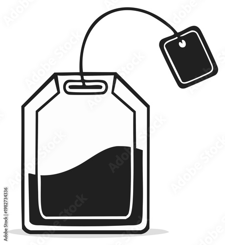 Single teabag with tag and liquid inside in flat style, black and white illustration