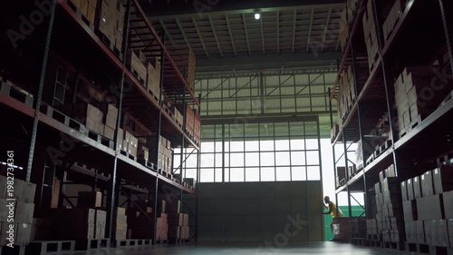 Wide view of empty warehouse aisle with high storage racks filled with boxes, showing industrial logistics and inventory system
