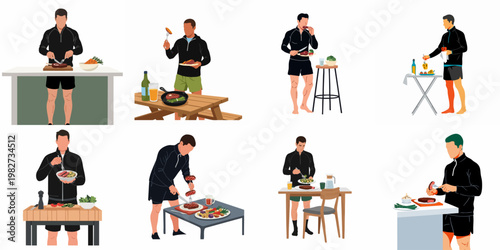 Bild auf Leinwand Flat illustration collection of men in athletic wear preparing and eating healthy high-protein meals with steak, vegetables, and salads in various settings