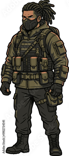 Pixel art soldier with tactical gear, face mask, and dreadlocks, ready for action, military operative, combat readiness