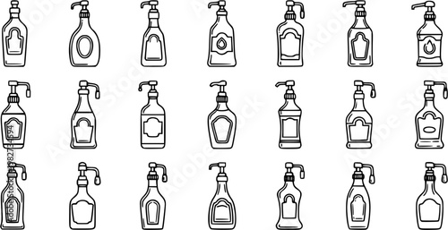 Packaging Pump Bottles Line Art Icon Set. Hand-drawn outline dispensers for food, beauty, and household liquid containers.