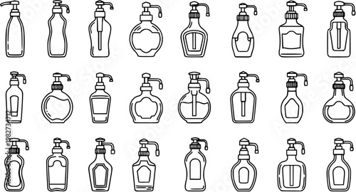 Hygiene and Beauty Products: Black and White Line Art Icons Set of Liquid Soap Dispenser Pump Bottles. Outline Containers for Shampoo, Lotion, and Hand Sanitizer.
