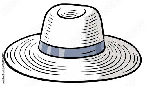 White straw sun hat illustration with grey ribbon summer fashion protection accessory for women and men