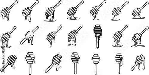 Food Industry Black and White Line Art Honey Dippers Set. Outline Icons of Sweet Honey Wands Dripping.