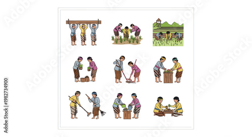 Traditional Village Life: Community Farming and Construction Scenes