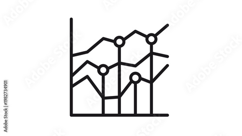 Minimalist black line vector icon illustration of a multi-series line chart or graph showing data trends, statistics, and financial analytics with highlighted circular data points.