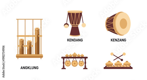 Traditional Indonesian Musical Instruments: Angklung, Kendang, Kenzang, Gamelan Set