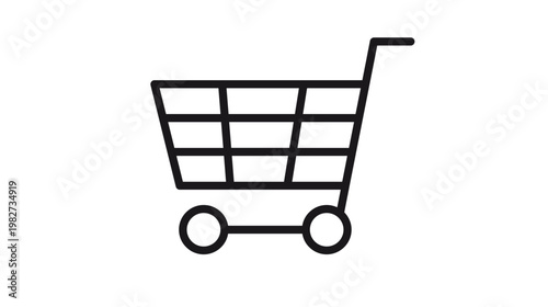 Minimalist black line vector icon illustration of shopping cart or grocery trolley, symbol for retail, e-commerce, market, and online shopping business concepts, isolated on white background.