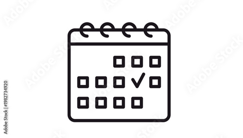 Minimalist black line art vector icon of a spiral calendar with a checkmark on a specific date, representing scheduling, planning, appointments, deadlines, and event reminders for business use.