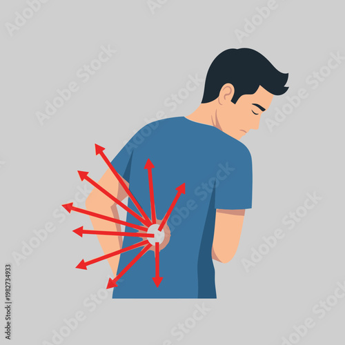 Man with back pain, sharp pain radiating from spine, red arrows indicating discomfort