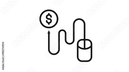 Minimalist black vector icon illustration of a computer mouse connected to a dollar sign coin by a wavy line and arrow, symbolizing pay-per-click, digital monetization, and online business.