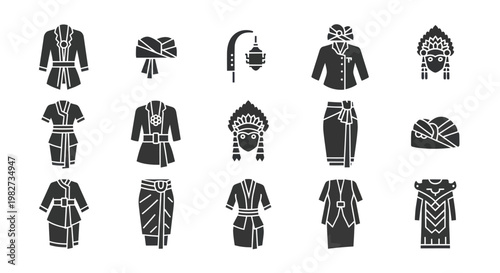 Traditional Indonesian Clothing Icons Set: Batik, Kebaya, Sarong, Headwear