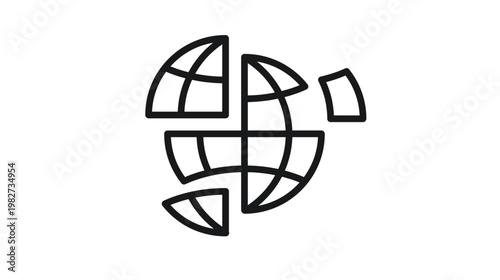 Broken globe vector icon illustration. Minimalist black line art symbol of a fragmented earth or world map in pieces. Concept of global crisis, environmental damage, or geopolitical instability.