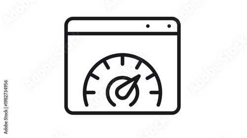 Website performance and page speed optimization vector icon. Minimalist black line illustration of a web browser window with a speedometer gauge, representing internet speed, SEO, and loading.
