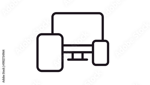Black line art vector icon illustration of a desktop computer monitor, tablet, and smartphone, symbolizing multi-platform connectivity, responsive web design, and modern digital technology.
