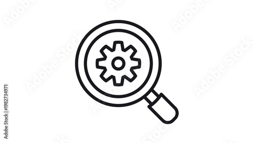 Black line art vector icon illustration of a magnifying glass with a gear inside, symbolizing search settings, technical optimization, system analysis, SEO, and configuration on white background.