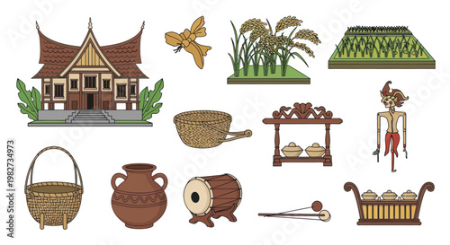 Traditional Indonesian Culture Icons: House, Rice, Gamelan, Drum, Basket, Pottery