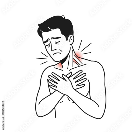 Man with chest pain and sore throat, feeling unwell, holding neck and chest
