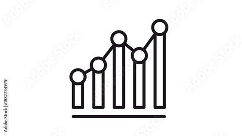 Professional black vector icon illustration of a combined bar chart and line graph showing upward growth, data analytics, financial progress, and statistical trends on a white background.