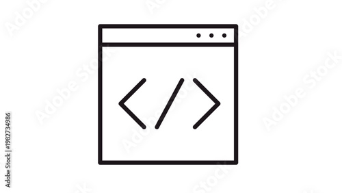 Minimalist black line vector icon of a web browser window featuring a coding symbol with angle brackets and a slash, ideal for web development, software programming, and technology concepts.