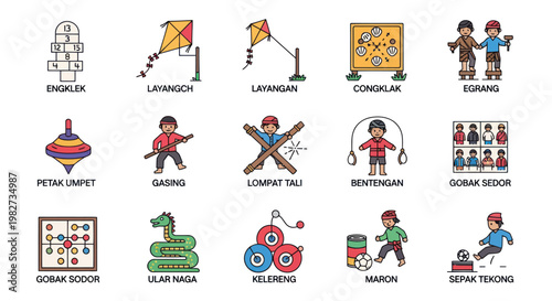 Traditional Malaysian Games Icons Set: Culture, Childhood Fun, Outdoor Activities