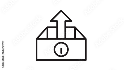 Minimalist black line art vector icon illustration of an open cardboard box with an upward arrow and information symbol, representing data extraction, info export, and digital sharing concepts.