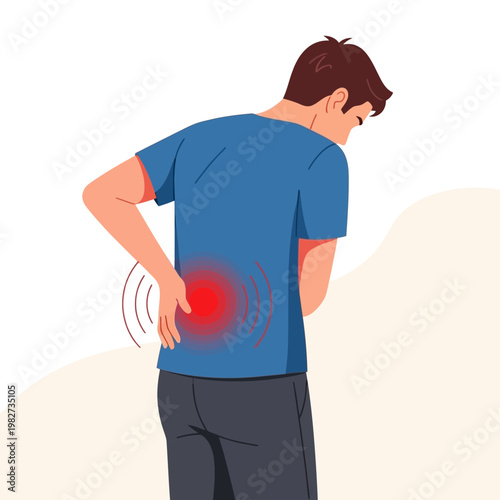 Man with lower back pain, red spot indicating discomfort and inflammation