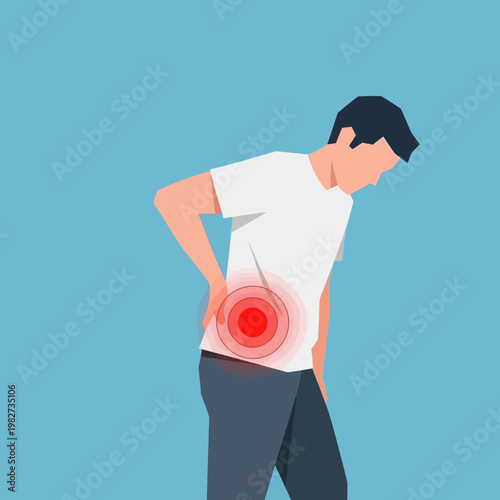 Man with lower back pain, red circle indicating pain area, medical concept