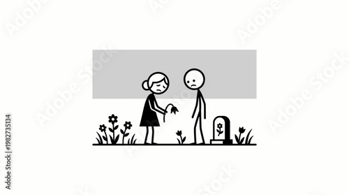 Mourning Couple at a Grave with Flowers