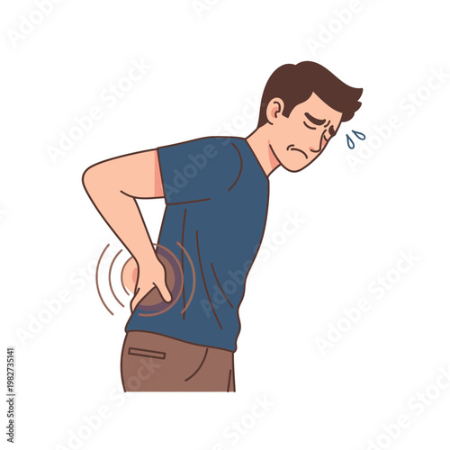 Man with severe lower back pain, holding his aching back, sweating, medical concept