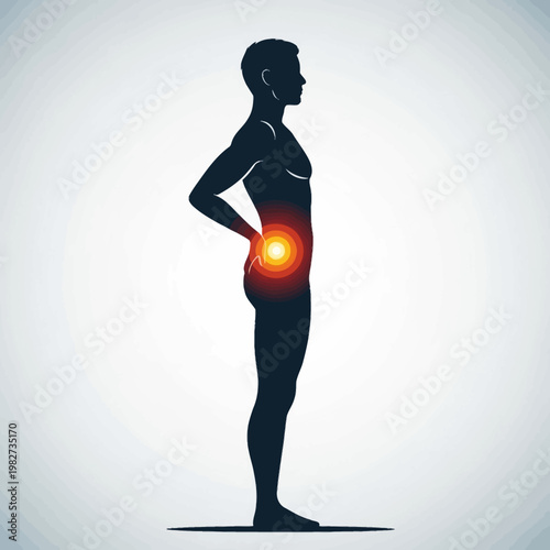 Silhouette of a person with lower back pain, highlighted pain area