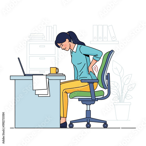 Woman suffering from back pain while sitting at office desk with laptop