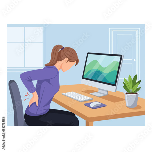 Woman suffering from back pain while working at a computer desk in an office