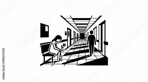 Hospital Hallway Scene with People and Shadows