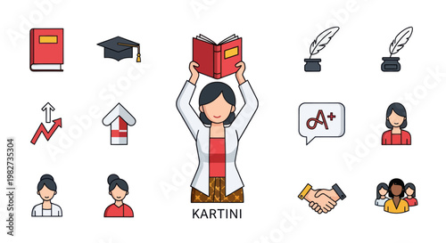 Kartini Day Education Icons: Woman Holding Book, Graduation Cap, Inkwell, Growth Chart, Handshake