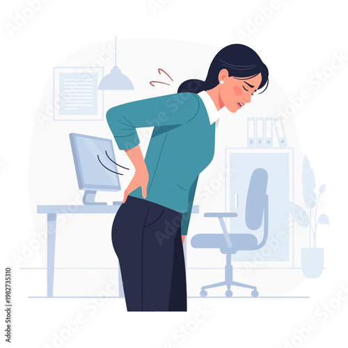 Woman suffering from back pain while working at office desk, office worker with backache