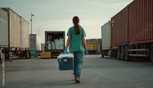 A healthcare professional walks away from a line of shipping containers, carrying a cooler, suggesting a logistical challenge in delivering medical supplies.