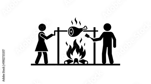 Cooking Meat Over Campfire Picnic or BBQ Icon