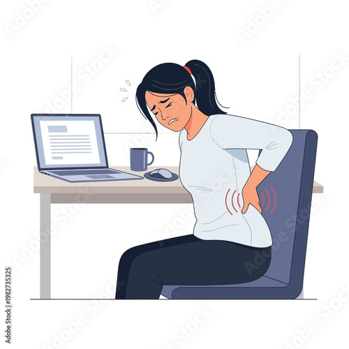Woman suffering from back pain while working on a laptop at a desk