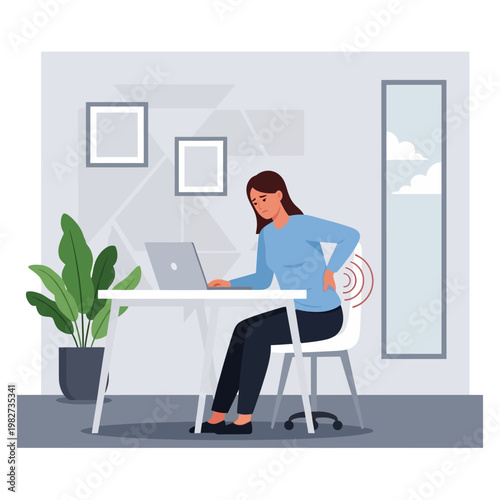 Woman with back pain sitting at a desk working on a laptop, office setting