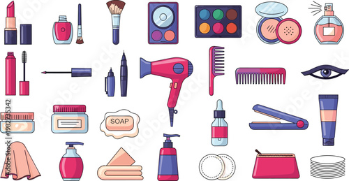 Beauty and Makeup Tools Vector Set Featuring Lipstick Nail Polish Brush Hair Dryer and Cosmetics