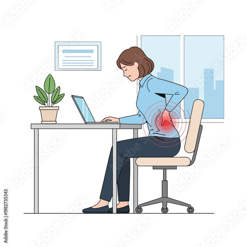 Woman suffering from back pain while working on laptop at office desk