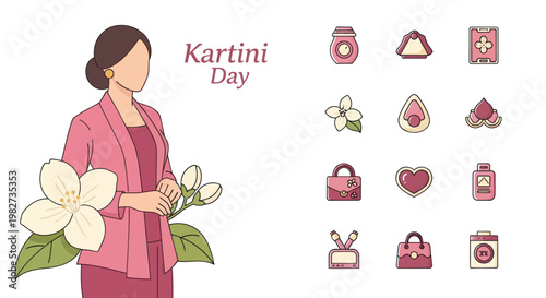 Kartini Day Celebration: Woman in Kebaya, Jasmine Flowers, and Icon Set
