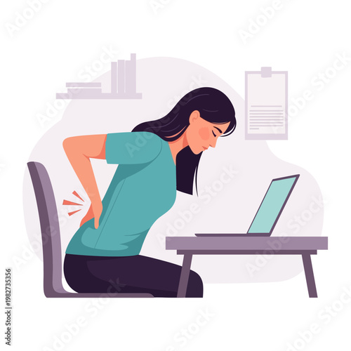 Woman suffering from back pain while working on laptop, poor posture, office discomfort