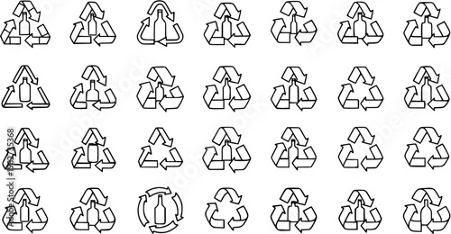Environmental Recycling Glass Bottle Line Art Symbols Set. Eco-Friendly Waste Packaging Management Black and White Outline Icons and Glyphs for Sustainability.