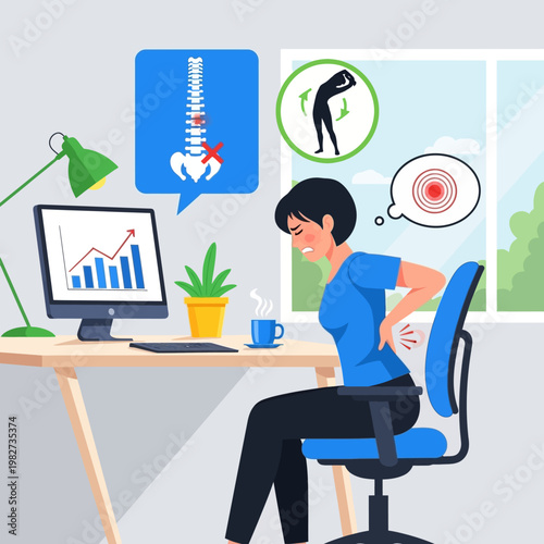 Woman with back pain sitting at desk, office work, health problem, posture