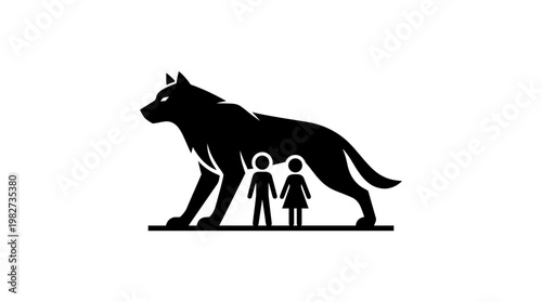 Black Silhouette Of A Female Wolf And Two Children