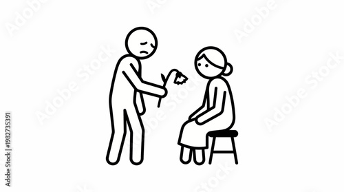 Sad Man Offers Flower to Seated Woman