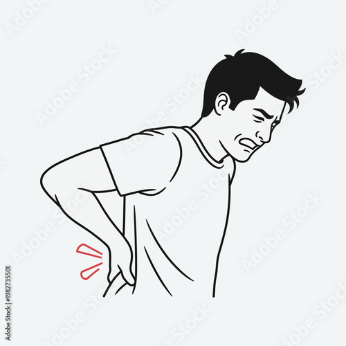 Man with back pain, holding his lower back with a grimace, red pain indicators